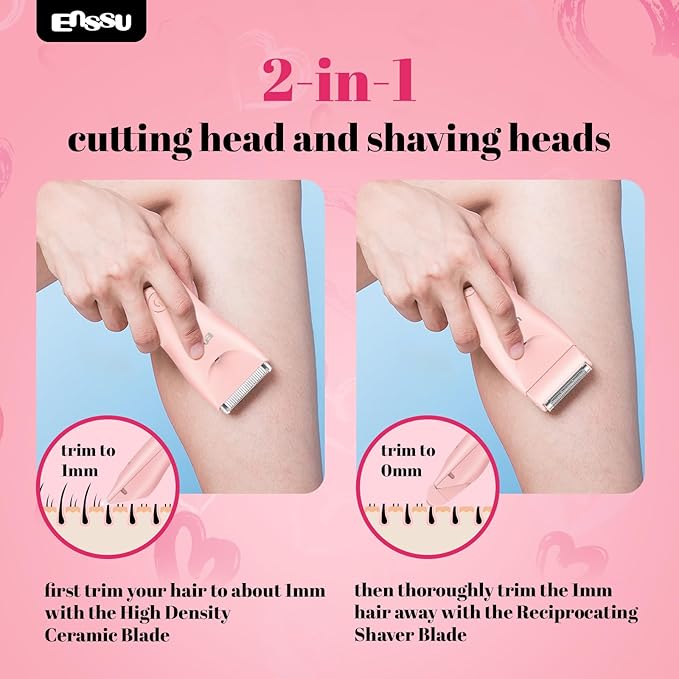 Bikini Trimmer for Women - 2 in 1 Pubic Hair Trimmer IPX7 Waterproof, Razors for Women with LED Light & USB Charge, Painless Electric Shaver with Ceramic Blade for Bikini Legs Arm Underarm