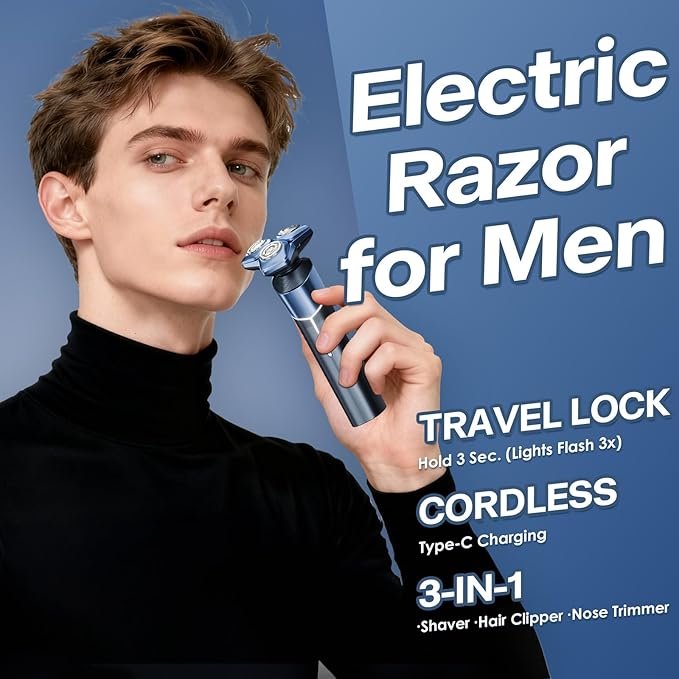 Electric Razor for Men: 3-in-1 Shaver with Hair Clipper and Nose Trimmer - 3D Floating Heads, USB-C Charging, IPX8 Waterproof - for Face, Beard, Body and Travel, Dusty Blue