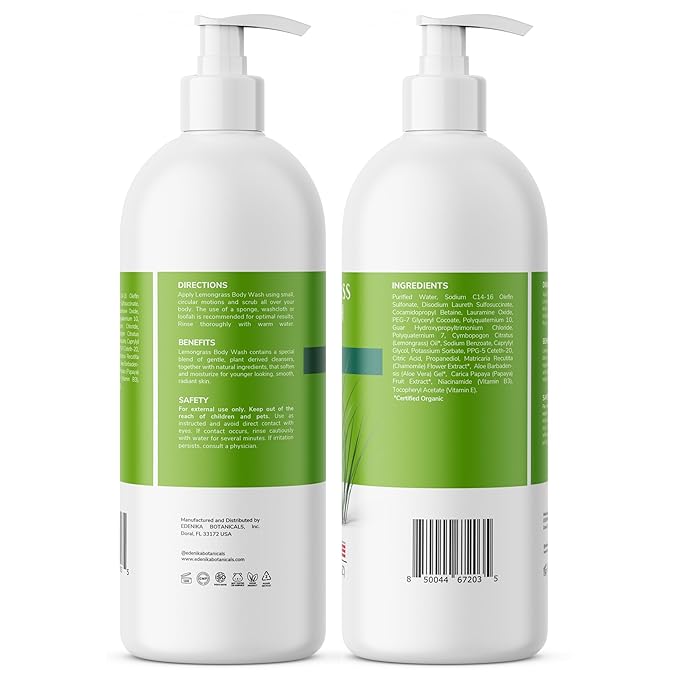 Lemongrass Body Wash with Vitamin E, Cleanses, Refreshes & Invigorates, Shower Gel for Dry and Sensitive Skin, Women & Men, Organic & Natural, 16 fl oz