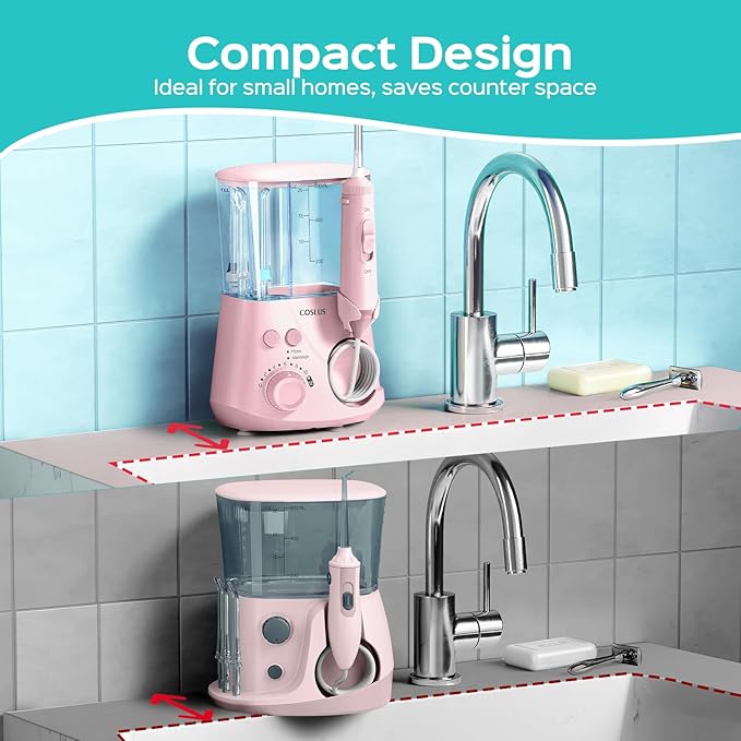 COSLUS Advanced Water Flosser for Teeth: 2 Modes & 12 Pressure Settings Electric Dental Pick for Orthodontic, Braces, Sensitive Gums - Home Use, 5 Jet Tips for Multiple Users, Family, Pink, E2
