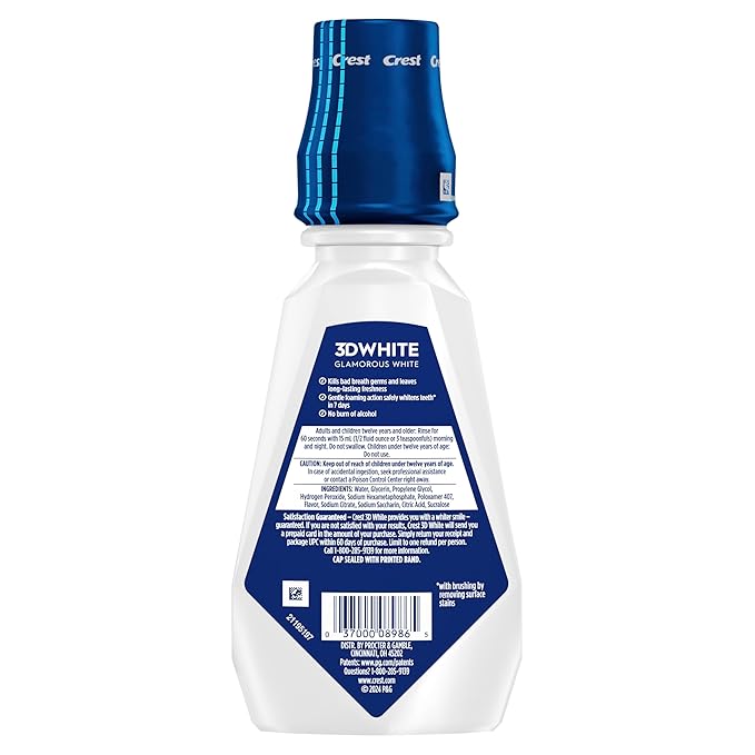 Crest 3D White Glamorous White Alcohol Free Multi-Care Whitening-Mouthwash, Hydrogen Peroxide-Mouthwash, Arctic Mint, 16 fl oz (473 mL), CrestMouthwash,(Pack of 8)