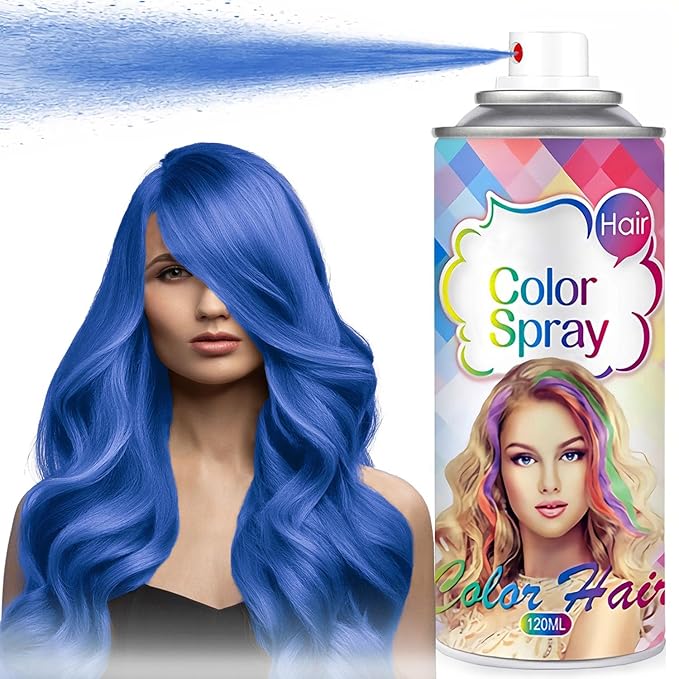 Blue Temporary Hair Color Spray for Kids Women, One-Time Use Washable Hair Dye, Non-sticky Colored Hair Spray for Christmas Party, Cosplay, Crazy Hair Day (Blue, 120ML)