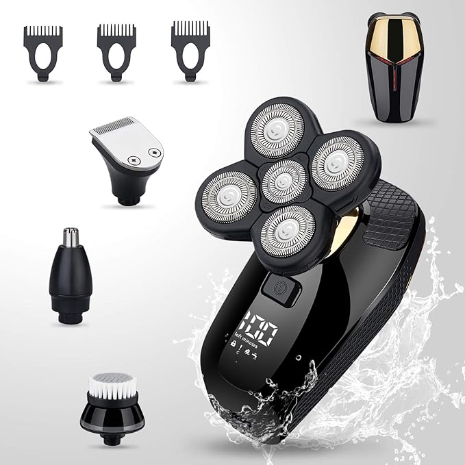 4 in 1 Electric Head Shaver Set - Bald Shaver, Wet & Dry, Cordless, with Nose & Ear Trimmer, Facial Cleansing, Rechargeable, IPX6 Waterproof