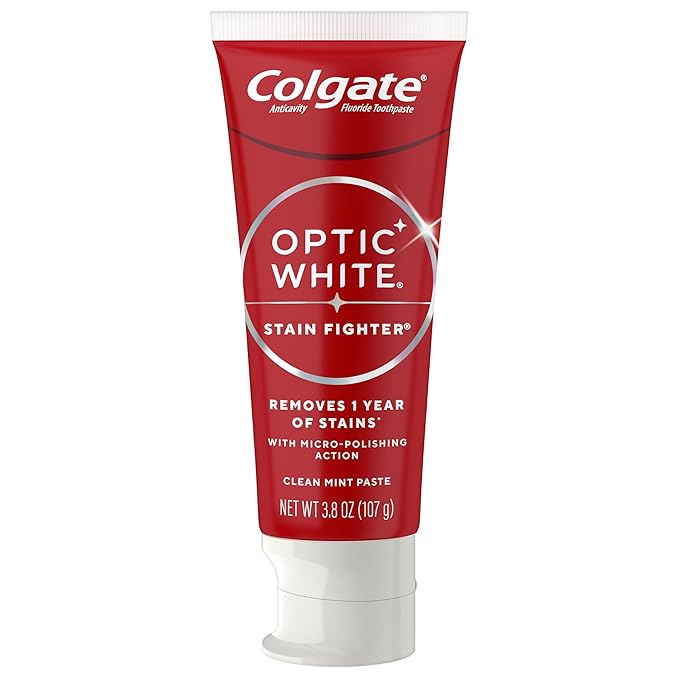 Colgate Optic White Stain Fighter Clean Mint Paste Teeth Whitening Toothpaste, 4 Pack, Anticavity Toothpaste with Fluoride, Enamel Safe Teeth Stain Remover, 3.8 OZ