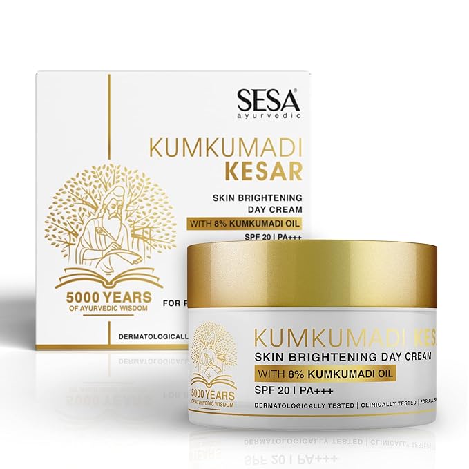 SESA 8% Kumkumadi Kesar Day Cream SPF 20 & PA++ Skin Brightening Ayurvedic Face Moisturizer Face Cream Sun Damage Hydrating with Saffron Lotus Sandalwood for Woman and Men, 50 gm or 1.69 oz