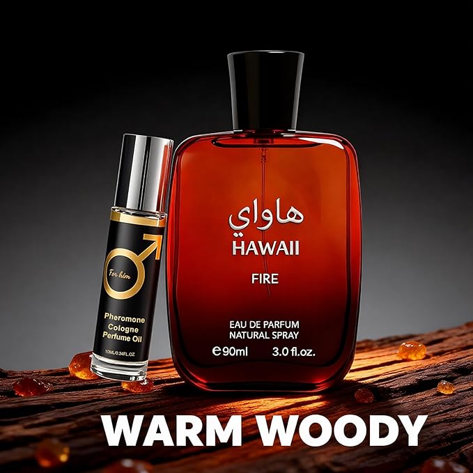 Hawaii Fire Eau de Parfum for Men, Marine & Amber Fragrance with Sage, Cherry and Ambergris, 3.4 Fl Oz&Pheromone Parfum