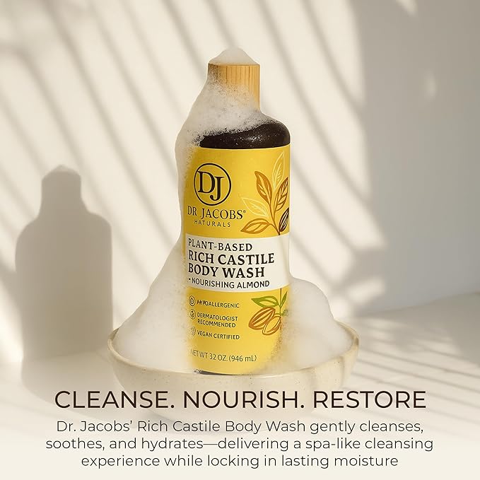 Dr. Jacobs Naturals Pure Castile Soap Liquid Body Wash, Almond - Plant Based Castile Soap Infused with Vitamin E and Aloe Vera to Moisturize Dry and Sensitive Skin - Made in The USA - 16 oz, Pack of 2