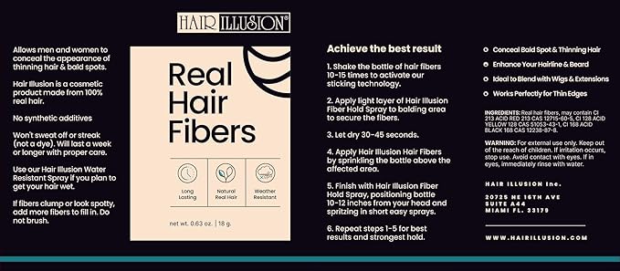 Hair Illusion Dark Brown Real Hair Fibers for Thinning Hair - 100% Natural Texture, Non Synthetic Hair Fibers - Bald Spot Cover Up for Women & Men - 18 Gram