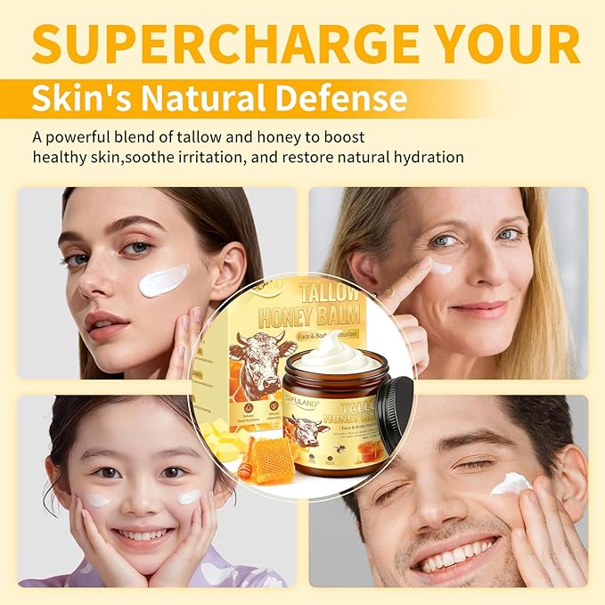 Beef Tallow for Skin, 100% Organic Grass-Fed Beef Tallow & Raw Honey Balm - Deep Nourishing Moisturizer for Face and Body, Sensitive Skin - All Natural Formula - 4.2 OZ