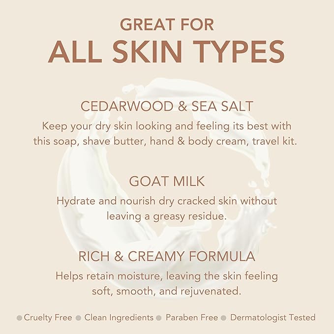 Dionis Goat Milk Cedarwood & Sea Salt Shave Butter, Hand & Body Lotion, and Bar Soap Bath & Body 3-Piece Gift Set
