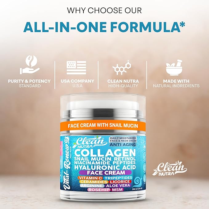 Vital Renew Snail Mucin Collagen Face Cream Daily Moisturizer Retinol Anti Aging Face Cream Niacinamide Peptides Hyaluronic Acid Vitamin C MSM Tripeptides Ceramides Licorice Arginine Aloe Vera