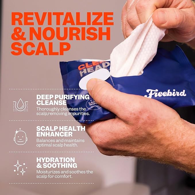 Freebird Head & Body Towelette Wipes for Men - 10ct Large, Rinse-Free Head Towel, Flushable, pH-balanced, Showerless, Perfect for Gym, Camping, Anti-Shine with Natural Aloe, Eucalyptus, Witch Hazel