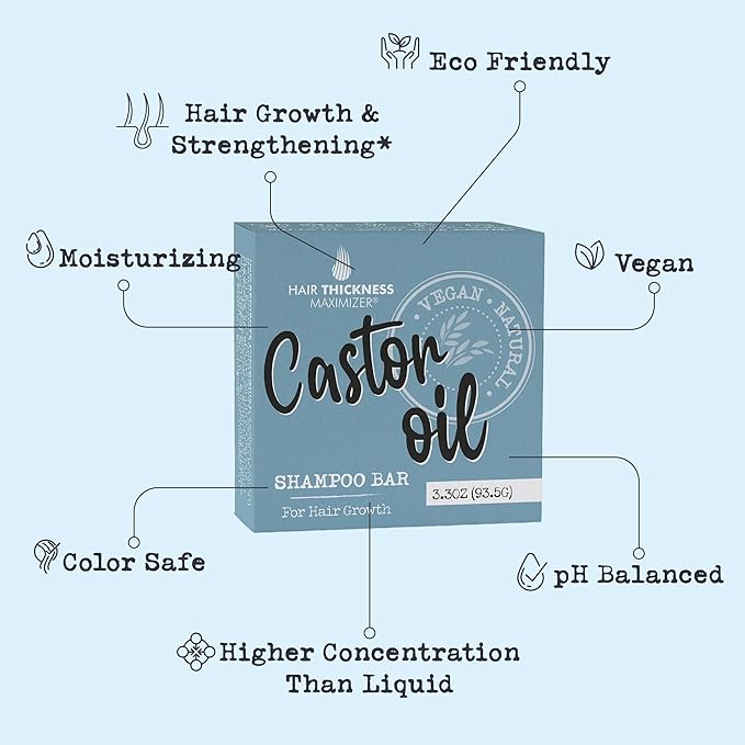 Castor Oil Shampoo Bar for Hair Growth. Eco-Friendly, No Harsh Chemicals, Color Safe, pH Balanced. Solid Shampoo Bar Equal to 3 Liquid Bottles. Zero Plastic, USA Made, Strengthening & Dry Hair Relief