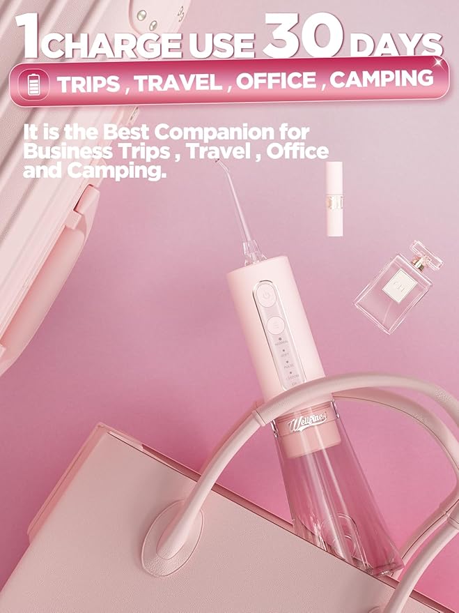 WELLFINE Water Dental Flosser Teeth Pick: Portable Cordless 4 Modes Flossers Pic 300ML Rechargeable Floss Pik Powerful IPX7 Waterproof Oral Irrigator for Cleaning Gum Care Braces for Home Travel
