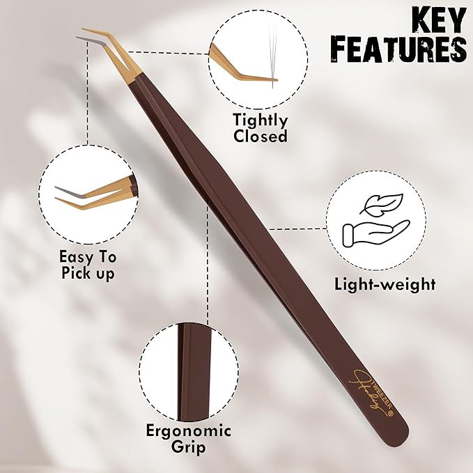 HADIZ Professional Eyelash Extension Tweezers Japanese Stainless Steel 45° & 90° Lash Tweezer for Precision Beauty Tools(Brown & Gold)