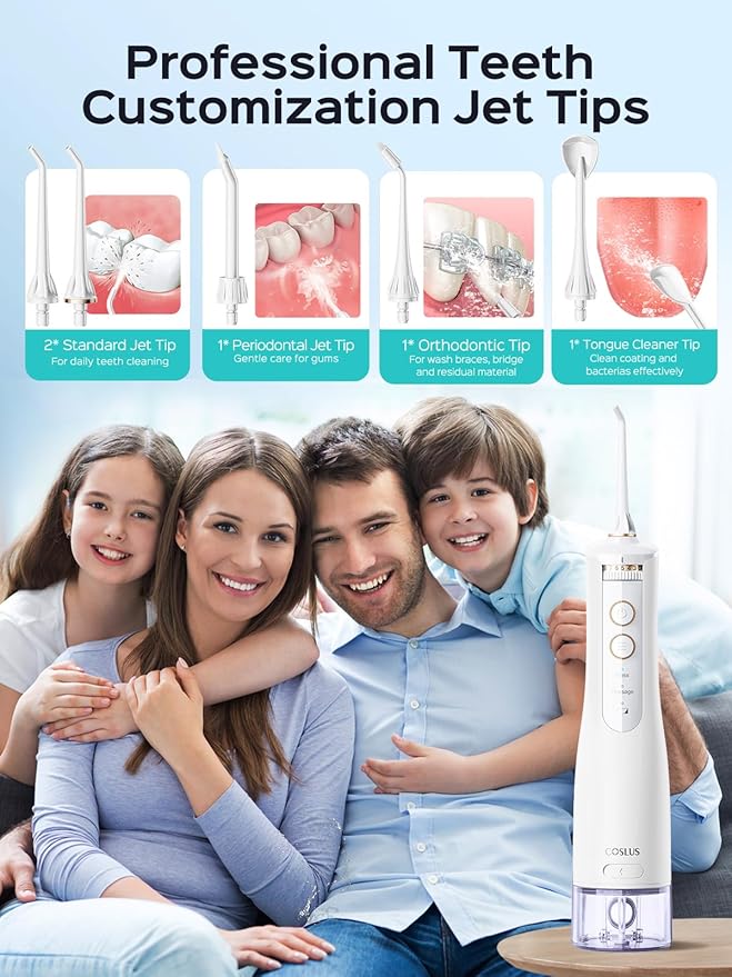 COSLUS E40 Portable Water Flosser for Teeth: 10 Pressure Settings Professional Water Dental Pick for Orthodontic, Braces & Sensitive Gums - Cordless for Travel Use, for Adults Teens, BPA-Free