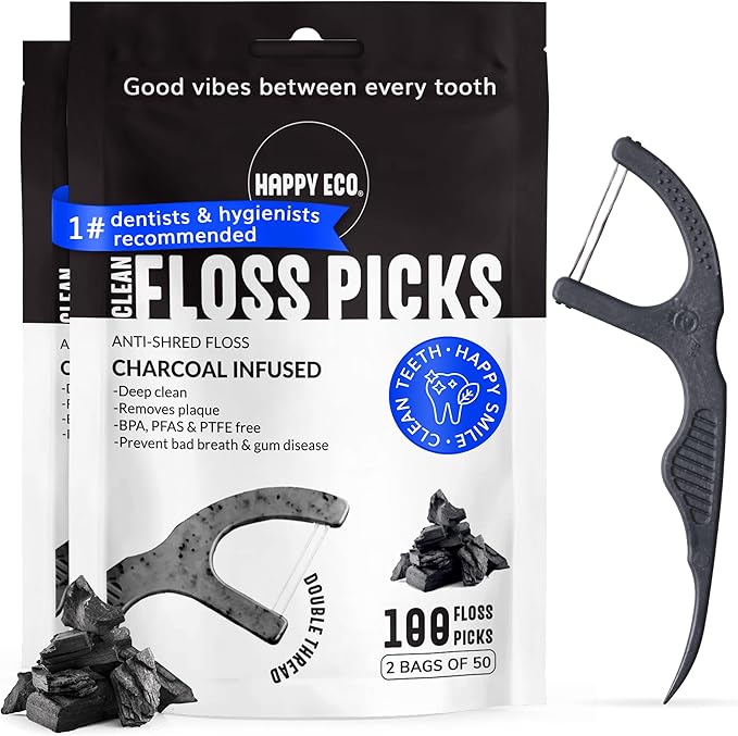 Dental Floss Picks for Teeth (100ct) - Double Thread Tooth Picks Flossers for Adults, Toothpicks Floss, Vegan Corn-Straw Handle, Shred-Resistant String for Interdental Oral Care & Gum Health, Charcoal