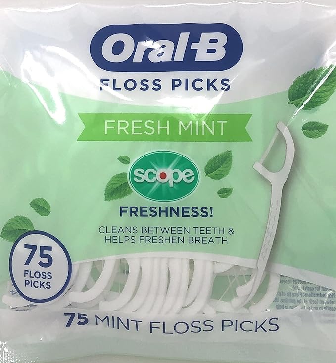 Oral-B Floss Picks Fresh Mint with Scope Freshness, Shred Resistant, 75 Count (Pack of 5)