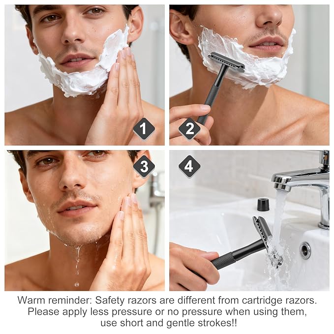 Safety Razor with Stand for Men & Women - Double Edge Single Blade Razor, One Blade Razor with 10 Blades & Metal Stand - Reusable Mens & Womens Shaving Razor (Complete Kit)-Black