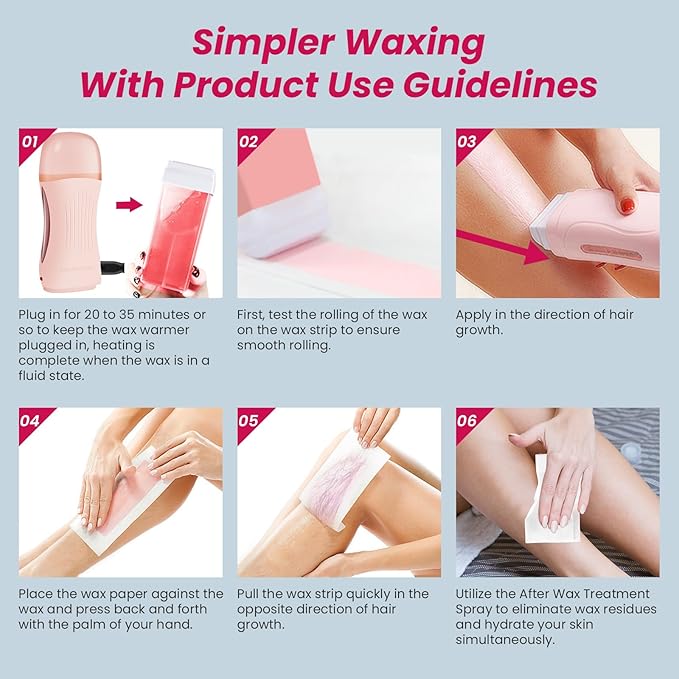 Roll On Wax Kit, Portable Wax Roller Kit for Coarse/Fine Hair Removal, Beginners Waxing Roller for All Skin Types with 3 Pcs 100g Roll Cartridge, 100 Non-Woven Strips & 10 After Oil Wipes (F1_Pink)