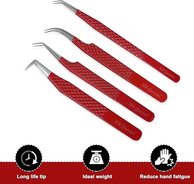Lash Tweezers - Stainless Steel Fiber Tip Eyelash Tweezers (Set of 4) - Diamond Grip Professional Lash Tweezers for Eyelash Extensions (Red)