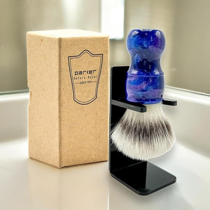 Parker “Blue Storm” Deluxe Synthetic Shaving Brush & Stand – 24 mm Knot, Iridescent Resin Handle, Ergonomic 122 mm Length, Handmade with a High Bristle Density for Rich Lather