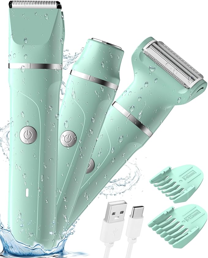 AREYZIN Bikini Trimmer for Women, 3-in-1 Electric Shaver for Women, Electric Razors and Body Shaver, IPX7 Waterproof, USB-C Charging, Travel Trimmer for Face, Legs, Bikini Line & Foil, Light Green
