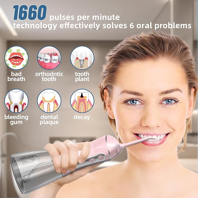 Water Dental Flosser Pick for Teeth Portable Oral Irrigator Rechargeable Travel Irrigation Cleaner 320ML Electric Flossing, IPX8 Waterproof, Waterproof Flossing Cleaning Picks for Home Travel (Pink)