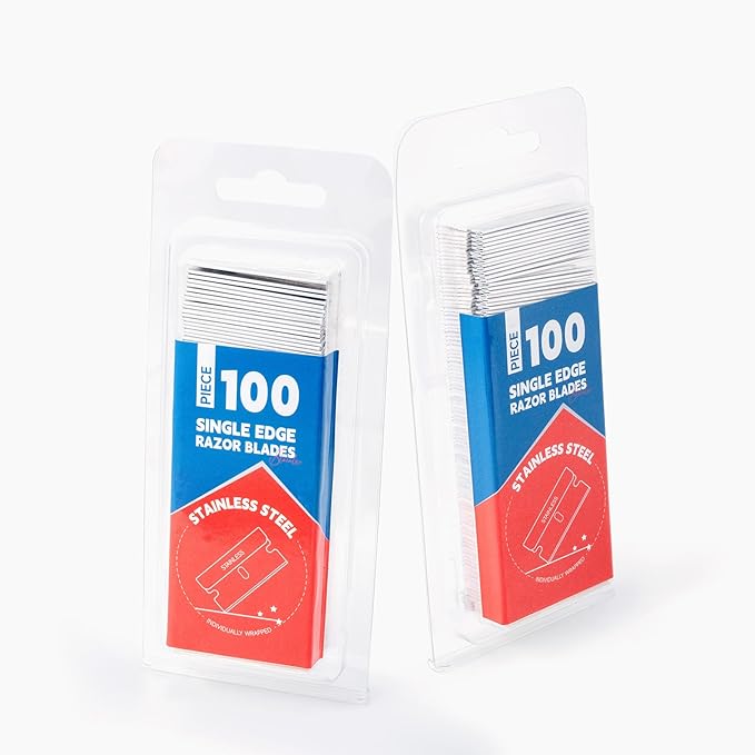 FOSHIO 200PCS Single Edge Razor Blades, Individually Wrapped Stainless Steel Razor Blades for Scraper Tools, Suitable for Removing Labels, Decals, Stickers, Gasket, Silver