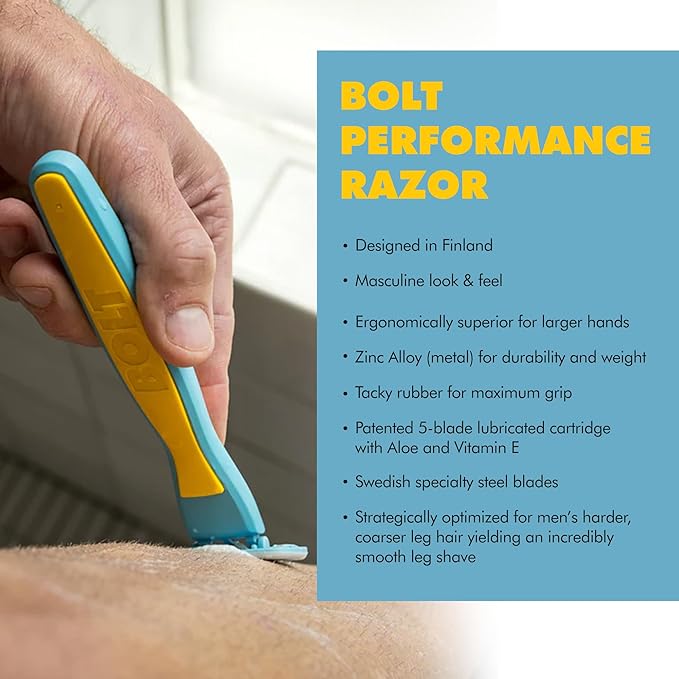 Performance Razor for Men’s Leg, Head, Chest & Arm Shaving – Ergonomic Zinc Alloy Handle, 5-Blade Cartridge with Aloe & Vitamin E, Designed for Coarse Hair – With 2 Cartridges