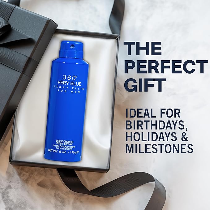 Perry Ellis 360° Very Blue Body Spray for Men - Body Spray Cologne, EDT, All Over Men's & Boys Mist with Notes of Citrus, Bergamot & Amber Fragrance - 6 oz