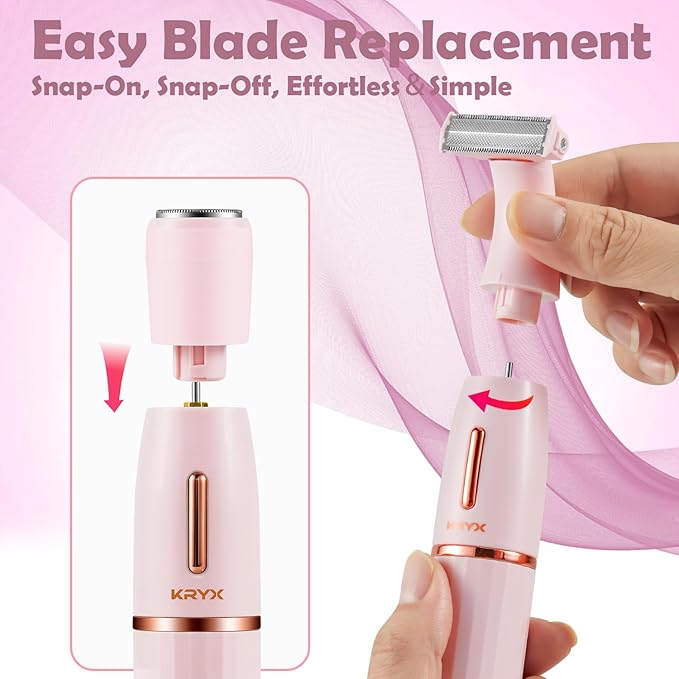 Bikini Trimmer for Women KRYX Pivoting Electric Razors for Women Painless Facial Hair Removal Electric Shaver Waterproof Pubic Hair Trimmer Bikini Shaver for Legs Body Ladies Gifts Pink