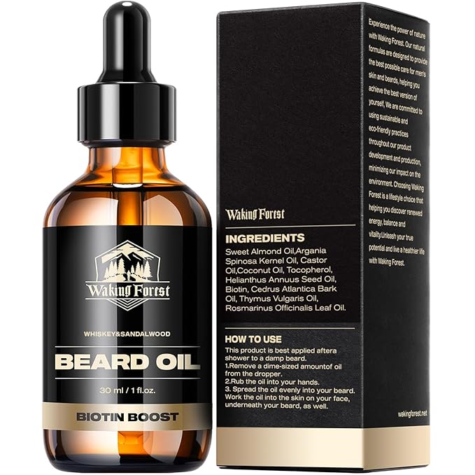 Waking Forest Sandalwood & Whiskey Beard Oil for Men - Biotin Mustache Oil with Vitamin E, Rosemary & Castor - Beard Care Softener, Strengthens, and Moisturizes - Beard Conditioner (1 oz)