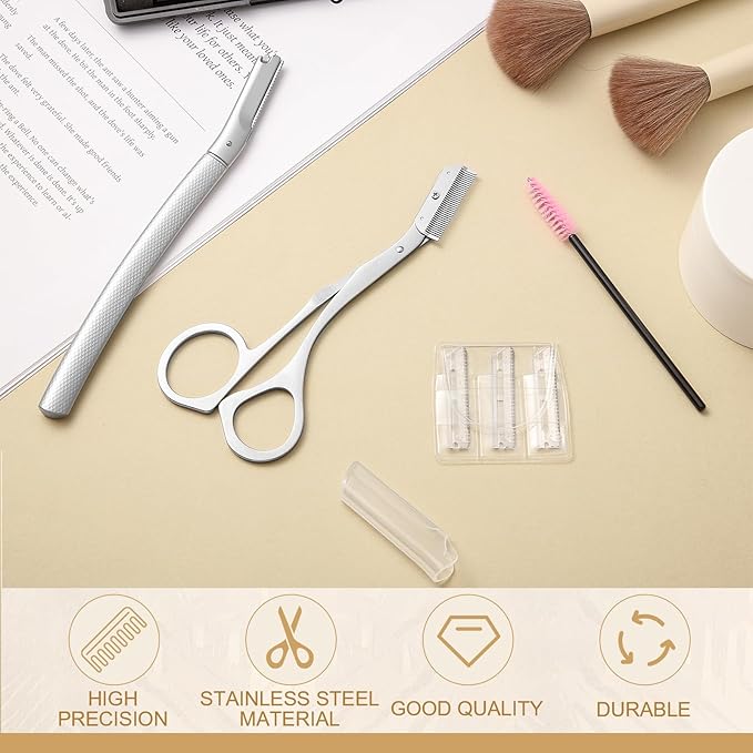 Stainless Steel Eyebrow Trimmer Set Eyebrow Grooming Scissors with Comb Dermaplane Facial Razor with 3 Blades Refills Face Grooming Razor for Women and Men