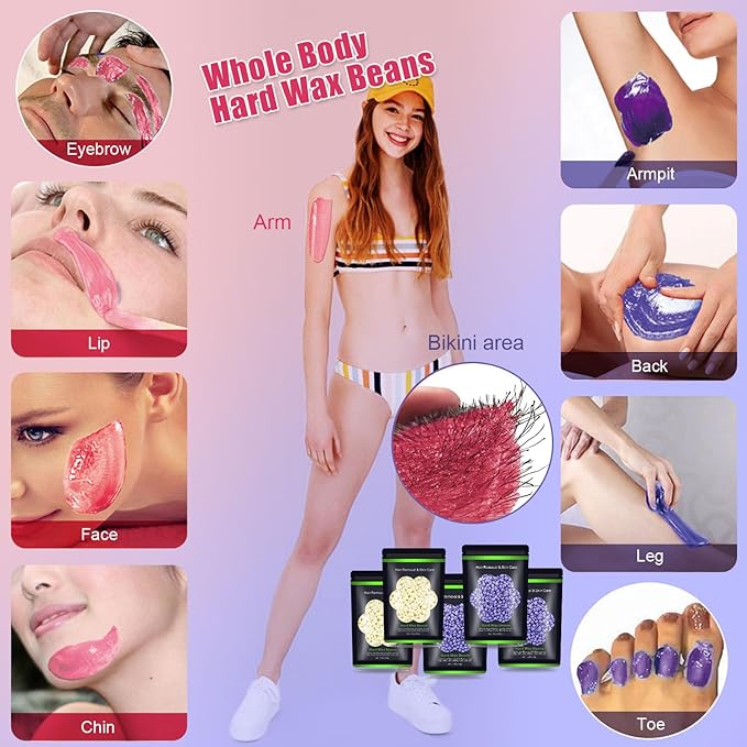 Wax Beads for Hair Removal 1.1 lb (17.6 oz), Hard Wax Beads for Sensitive Skin - Brazilian, Face, Bikini, Legs, Eyebrow, Painless Waxing Beads Kit for Women Men, 5 Packs with 10 Wax Sticks