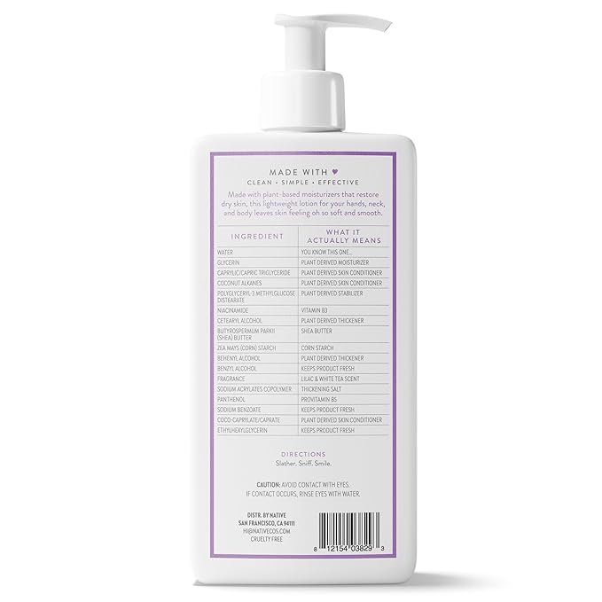 Native Body Lotion Contains Naturally Derived Plant-Based Moisturizers for Women and Men | Restores Dry Skin, Lilac & White Tea, 16.5 fl oz