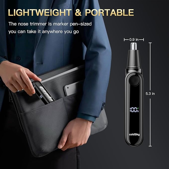 coldSky Ear & Nose Hair Trimmer with LED Display for Men Women - Professional Painless Eyebrow & Facial & Nose Hair Trimmer, USB Rechargeable, Dual-Edge Blades for Smoother Cutting Black
