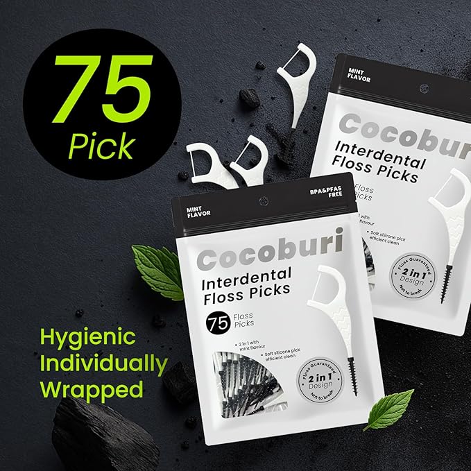 2-in-1 Dental Floss Picks with Soft Interdental Brushes & Durable Floss, Non-Slip Handle for Travel, Hotel, Office, Car, Restaurant(75 Picks)