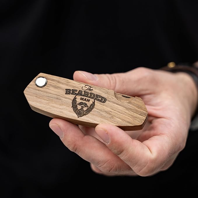 Enjoy The Wood Beard Comb for Men, Folding Pocket Beard Accessories for Men, Engraved Walnut Wooden Comb for Moustache, Beard & Hair For Him (Bearded Man)