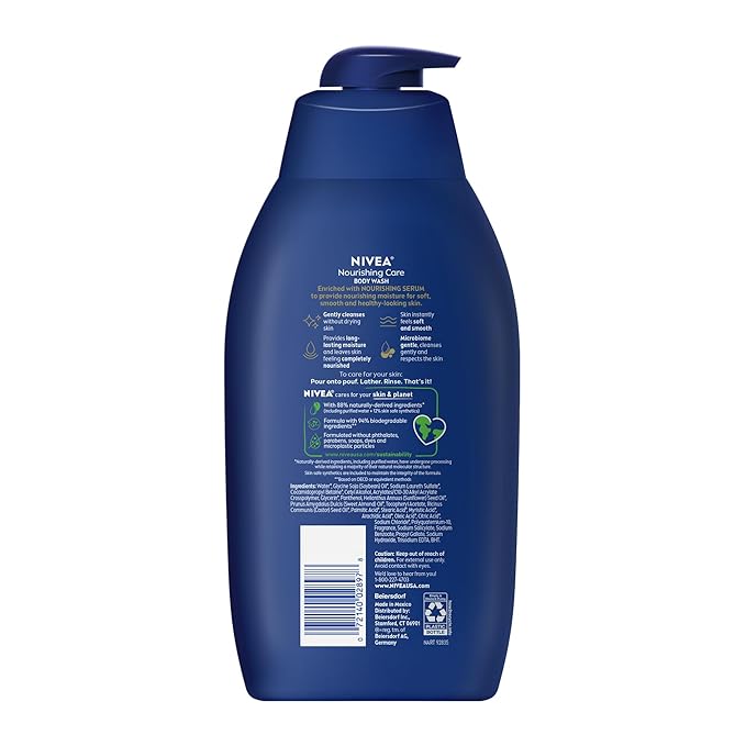 NIVEA Nourishing Care Body Wash with Nourishing Serum, Moisturizing Body Wash for Women, Enriched with Provitamin B5 and Vitamin E, 30 Fl Oz Bottle