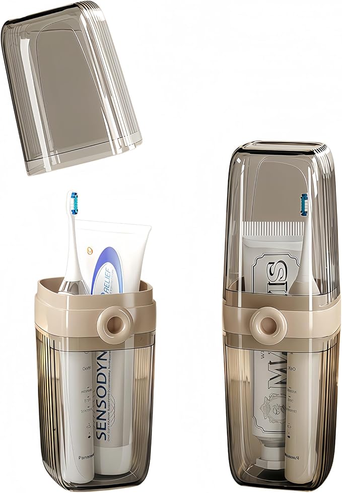 Toothbrush Cup Toothbrush Travel Case, Travel Toothbrush Holder Case with Cover Portable Multifunctional Toothbrush Cover, Suitable for Travel Business Camping Bathroom School or Daily Uses (A-Coffee)