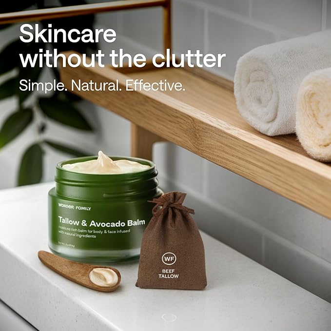 Beef Tallow & Avocado Balm for Skin & Face – Grass-Fed Beef Tallow with Avocado, Jojoba & Shea – Deep Moisturizer for Dry Skin – Includes Wooden Spatula & Pouch – For Men & Women