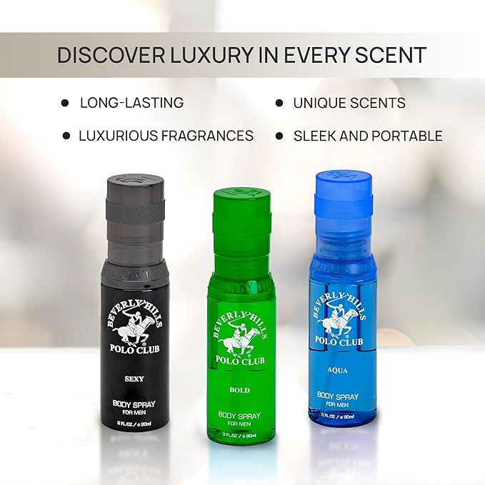 Beverly Hills Polo Club Men's Body Spray Collection Gift Set - 3 Distinct Luxury Designer Scents for Elevated Daily Confidence & All-Day Freshness, 3 x 3 oz