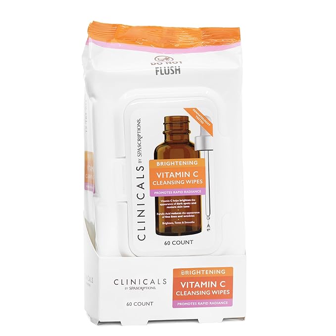 SpaScriptions Clinicals Vitamin C Cleansing Facial Wipes - Brightening & Even Toning Makeup Remover Wipes with Ferulic Acid for Anti Aging and Radiant Skin, Daily Use Face Wipes, 1-Pack (60 ct)