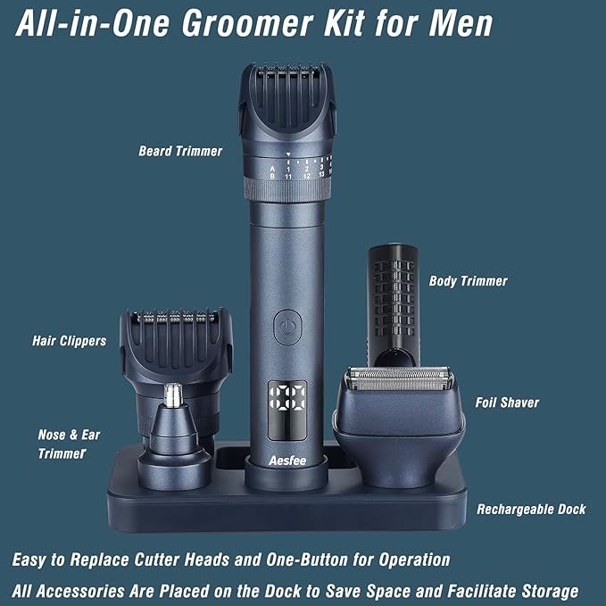 Beard Trimmers Kit for Men Precise Dial Adjustable 20 Lengths, 5-in-1 Electric Shavers and Hair Clippers Set - Body Nose Ear Mustache Hair Trimmers Razors Waterproof Wet/Dry - USB-C Charging Dock