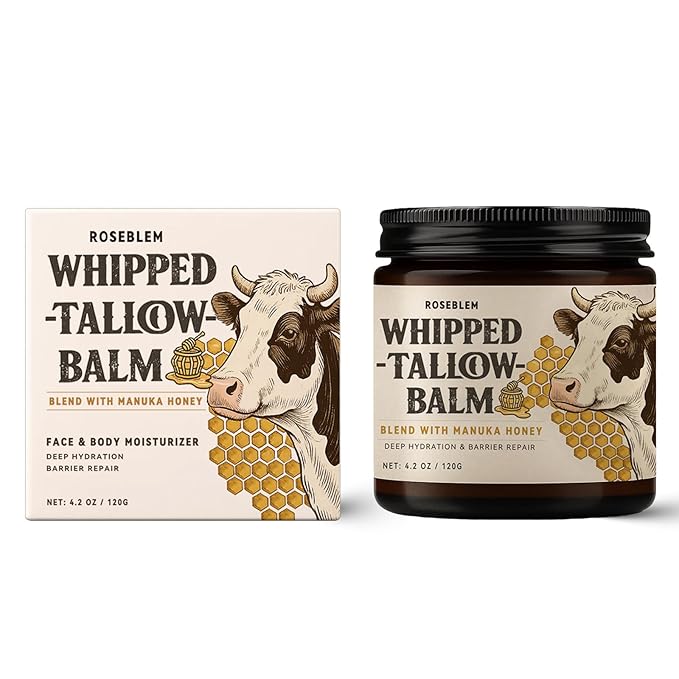 Whipped Tallow Balm for Face – 100% Grass-Fed Organic Beef Tallow Cream with Manuka Honey & Beeswax – Body & Face Moisturizer for Sensitive Skin, Nourishing & Repairing, 4.2 oz