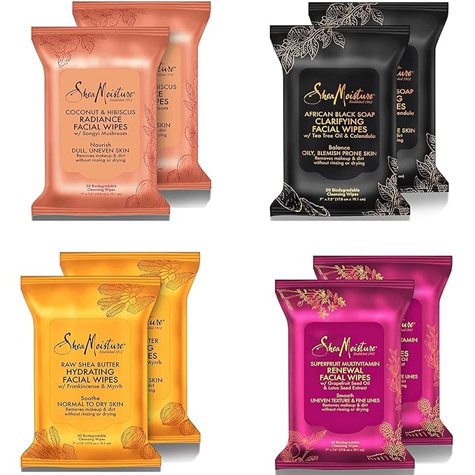 Shea Moisture Makeup Remover Face Wipes, African Black Soap, With Tea Tree Oil & Calendula, Removes Makeup & Dirt to Clarify Oily Blemish Prone Skin, Pack of 2, 30 Wipes Per Pack
