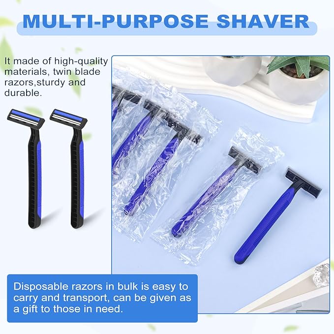 Disposable Twin Blade Razors in Bulk, Individually Wrapped - Clear Safety Cap, For Homeless, Hotel, Airbnb, Travel (pack of 30,blue)