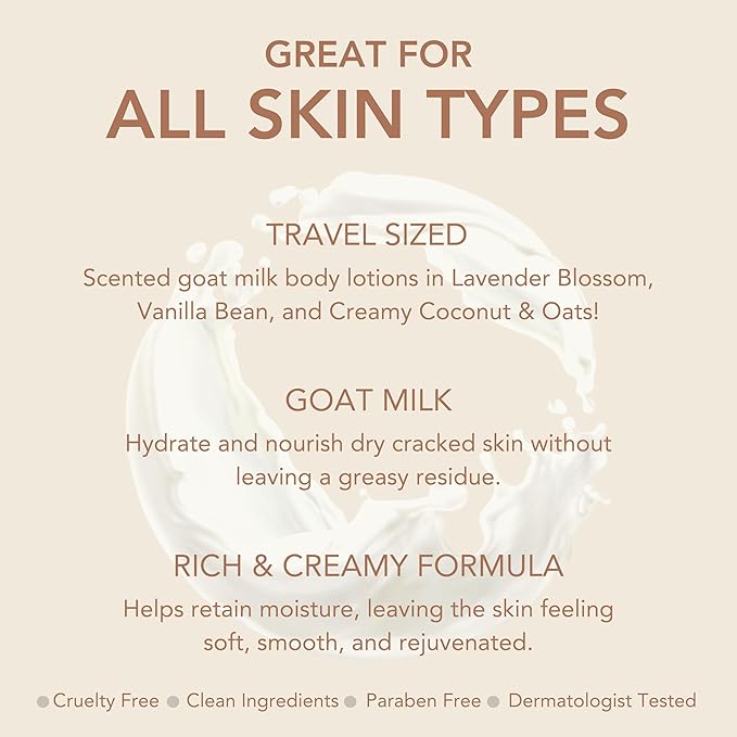 Dionis Goat Milk Scented Body Lotion Travel Size 2 oz Lavender Blossom, Vanilla Bean & Creamy Coconut & Oats 3-Piece Gift Set