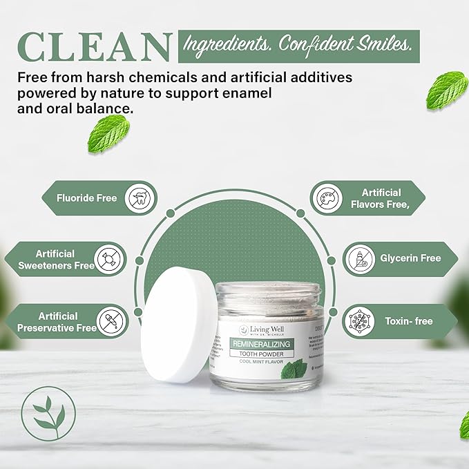 Living Well with Dr. Michelle Remineralizing Tooth Powder | Fluoride-Free Hydroxyapatite Formula | Supports Enamel Strength & Oral Wellness | Safe, Clean Ingredients | Cool Mint Flavor